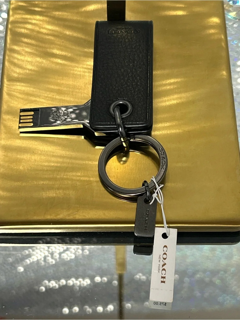 Coach Black Leather Key Fob with Silver Hardware and Logo Tags